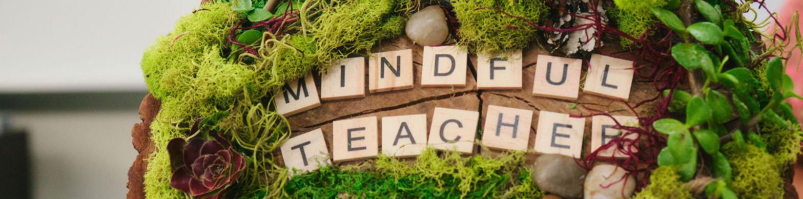 moss covered rock with words "mindful teacher" on it